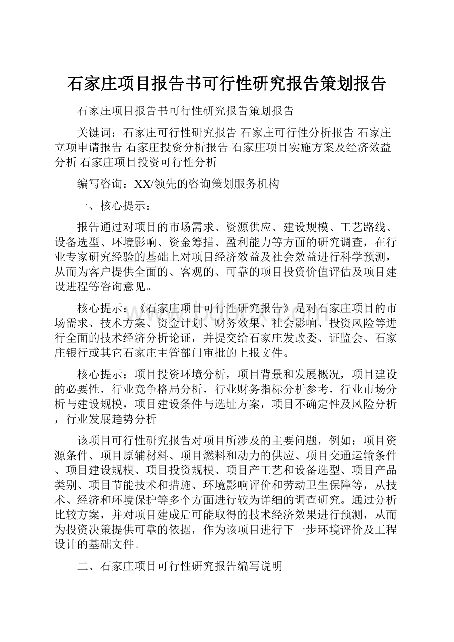 石家庄项目报告书可行性研究报告策划报告.docx_第1页