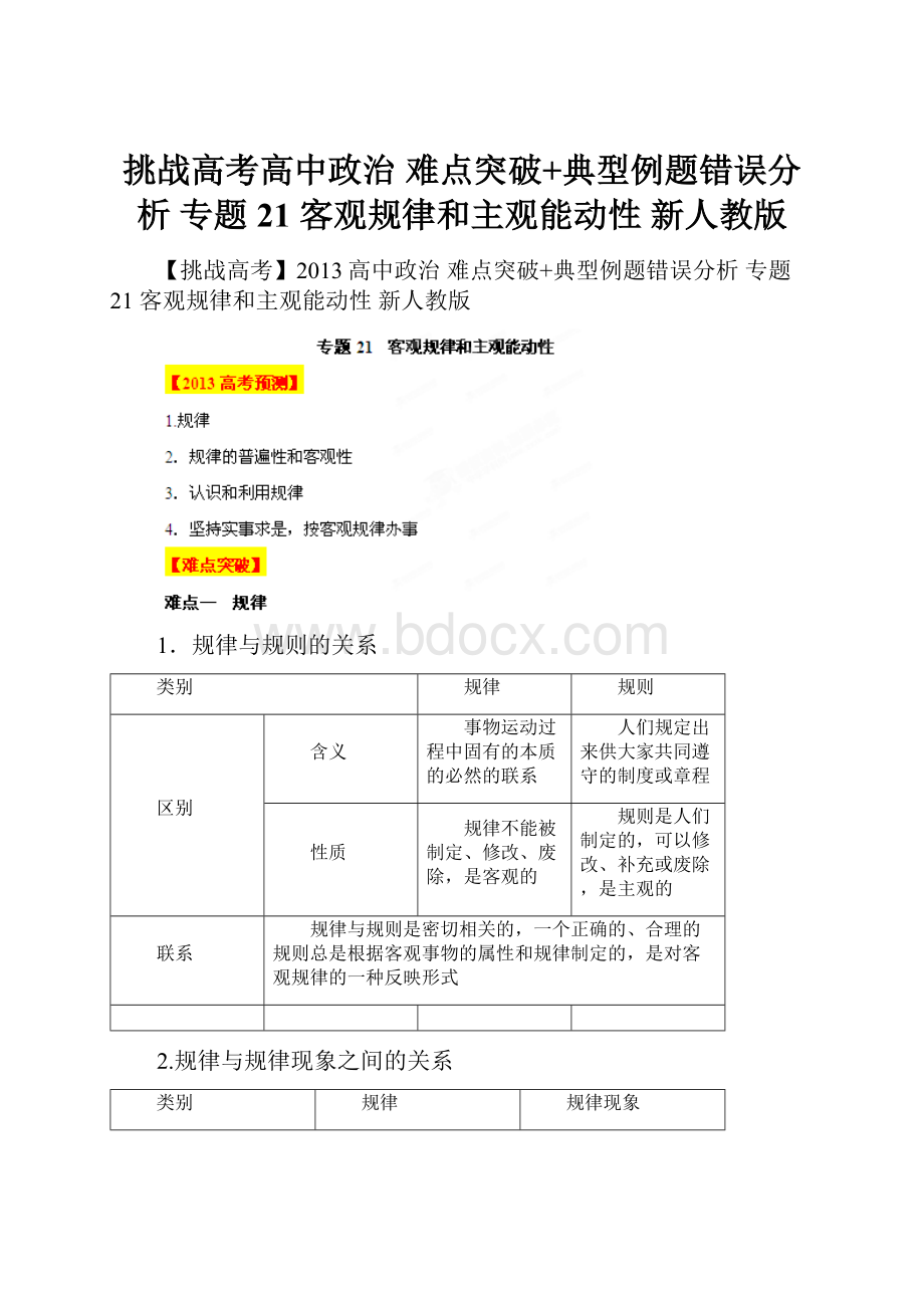 挑战高考高中政治 难点突破+典型例题错误分析 专题21 客观规律和主观能动性 新人教版Word下载.docx