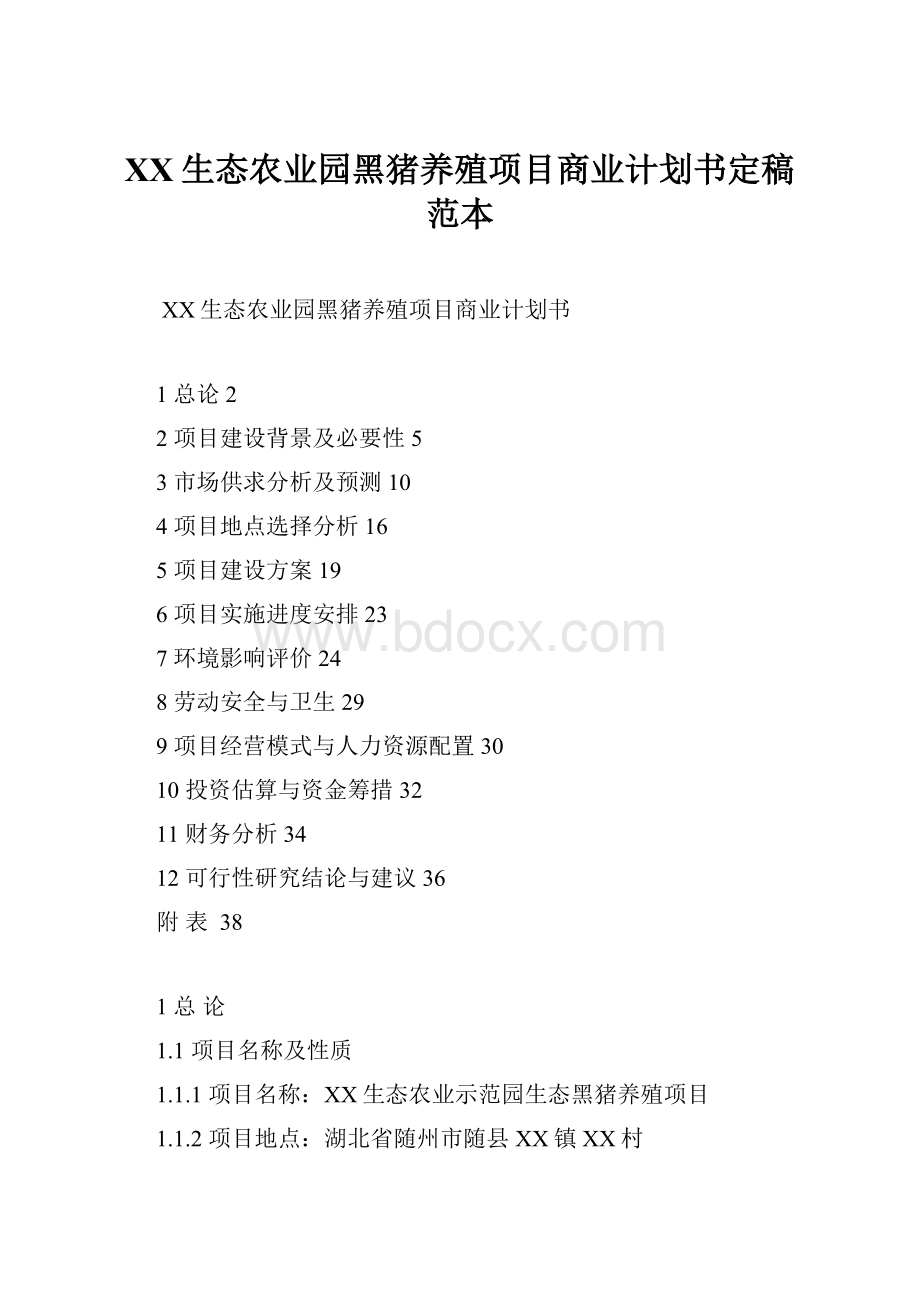 XX生态农业园黑猪养殖项目商业计划书定稿范本.docx