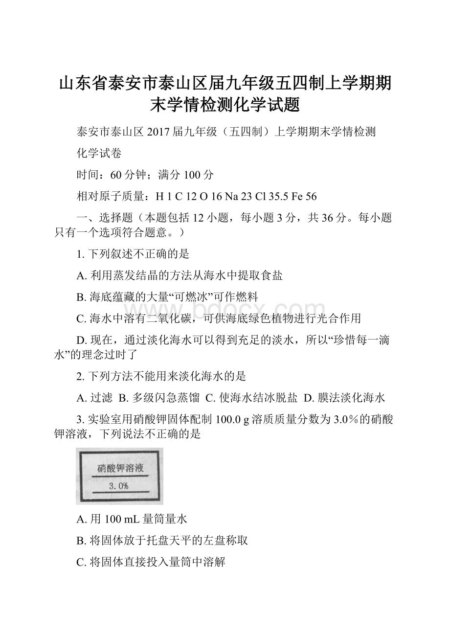 山东省泰安市泰山区届九年级五四制上学期期末学情检测化学试题.docx