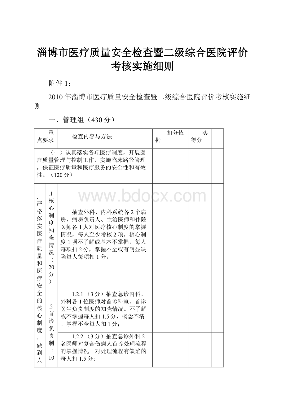 淄博市医疗质量安全检查暨二级综合医院评价考核实施细则.docx_第1页