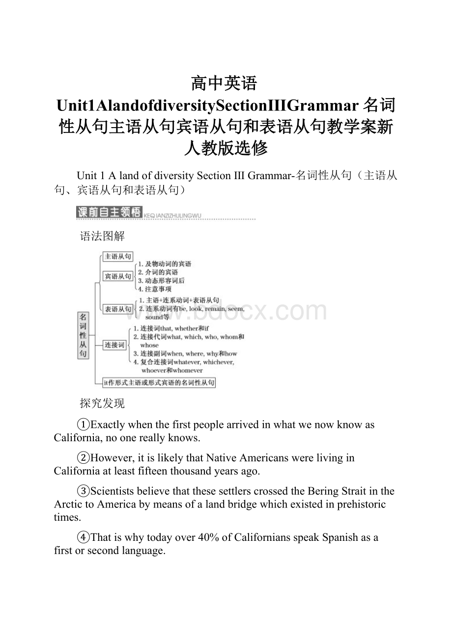 高中英语Unit1AlandofdiversitySectionⅢGrammar名词性从句主语从句宾语从句和表语从句教学案新人教版选修Word文件下载.docx