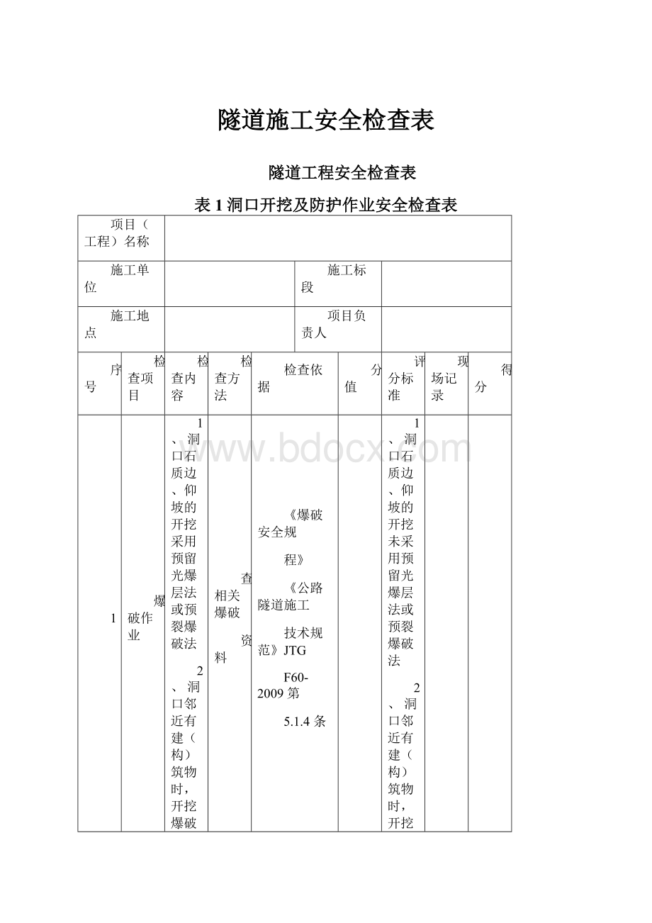 隧道施工安全检查表.docx