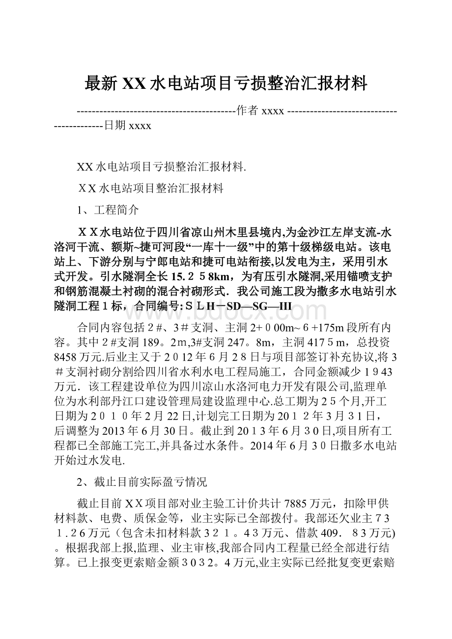 最新XX水电站项目亏损整治汇报材料Word格式.docx