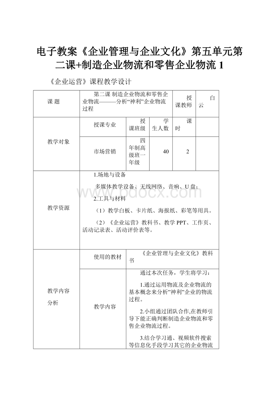 电子教案《企业管理与企业文化》第五单元第二课+制造企业物流和零售企业物流1.docx_第1页