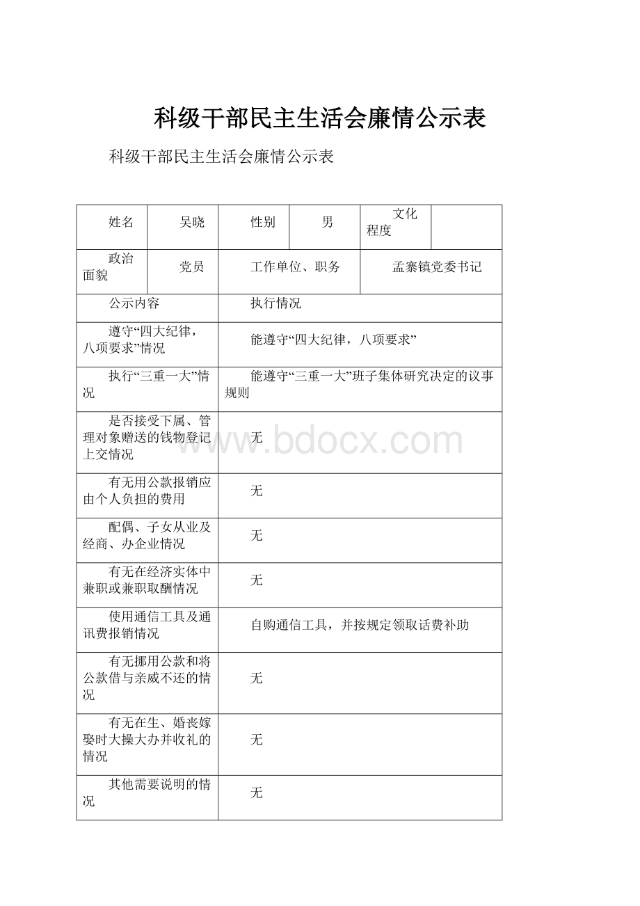 科级干部民主生活会廉情公示表Word文件下载.docx