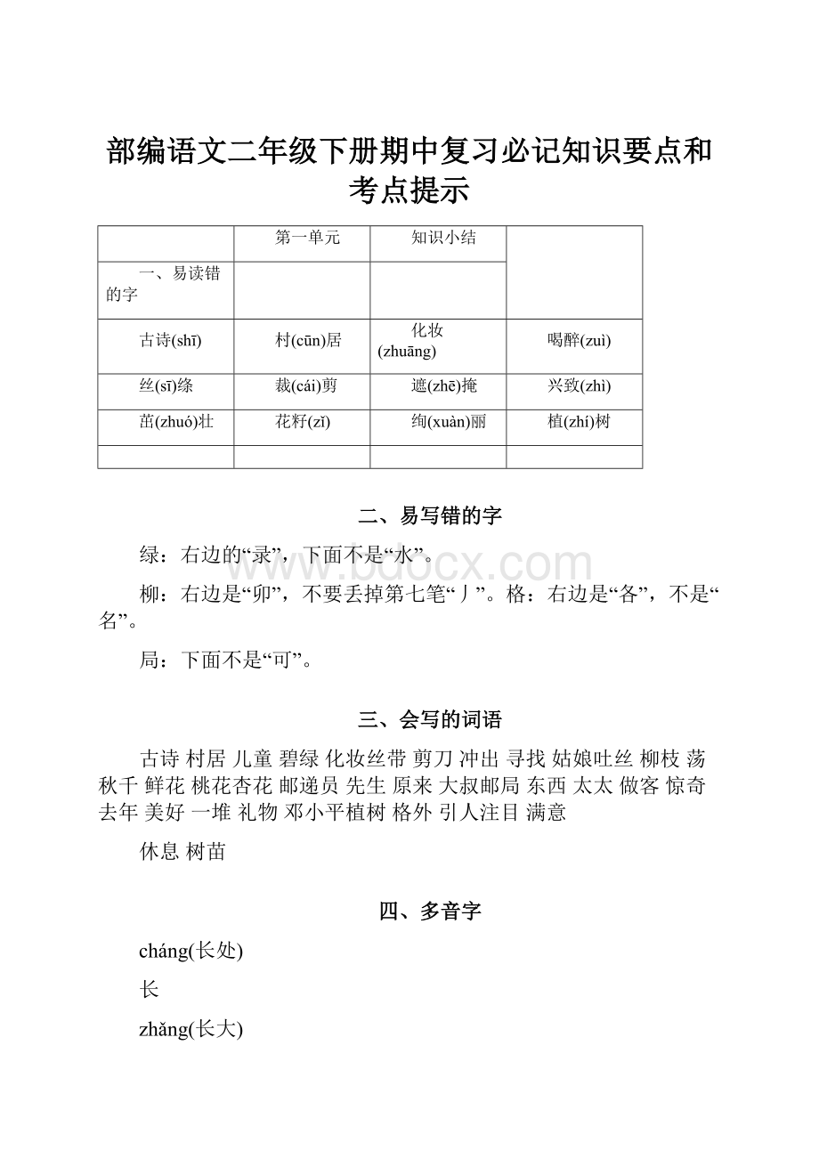 部编语文二年级下册期中复习必记知识要点和考点提示.docx_第1页