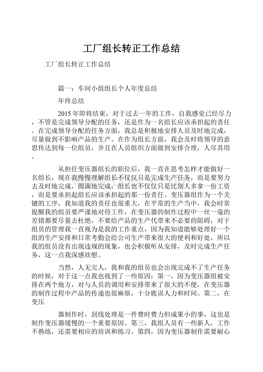 工厂组长转正工作总结.docx_第1页