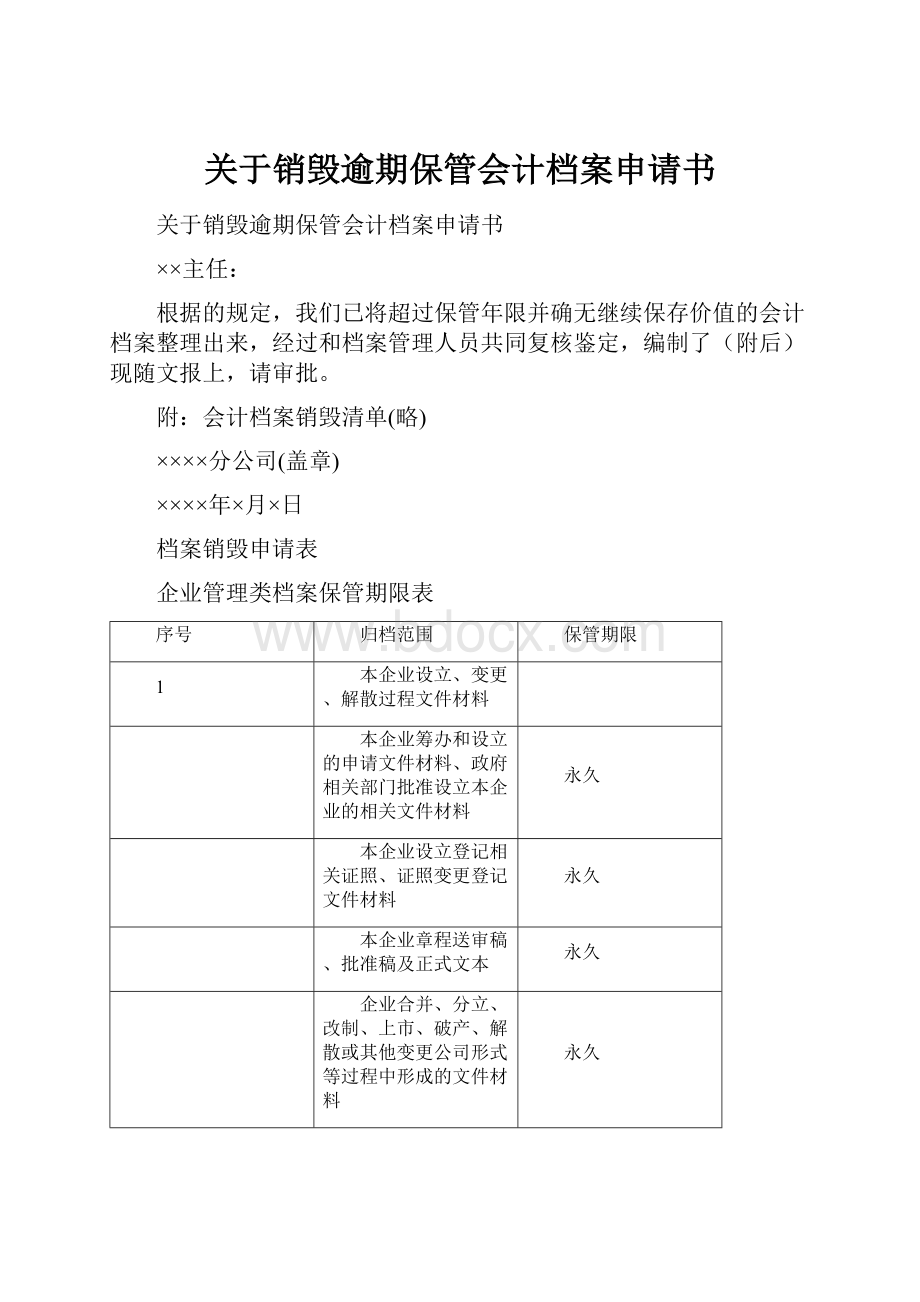 关于销毁逾期保管会计档案申请书文档格式.docx_第1页