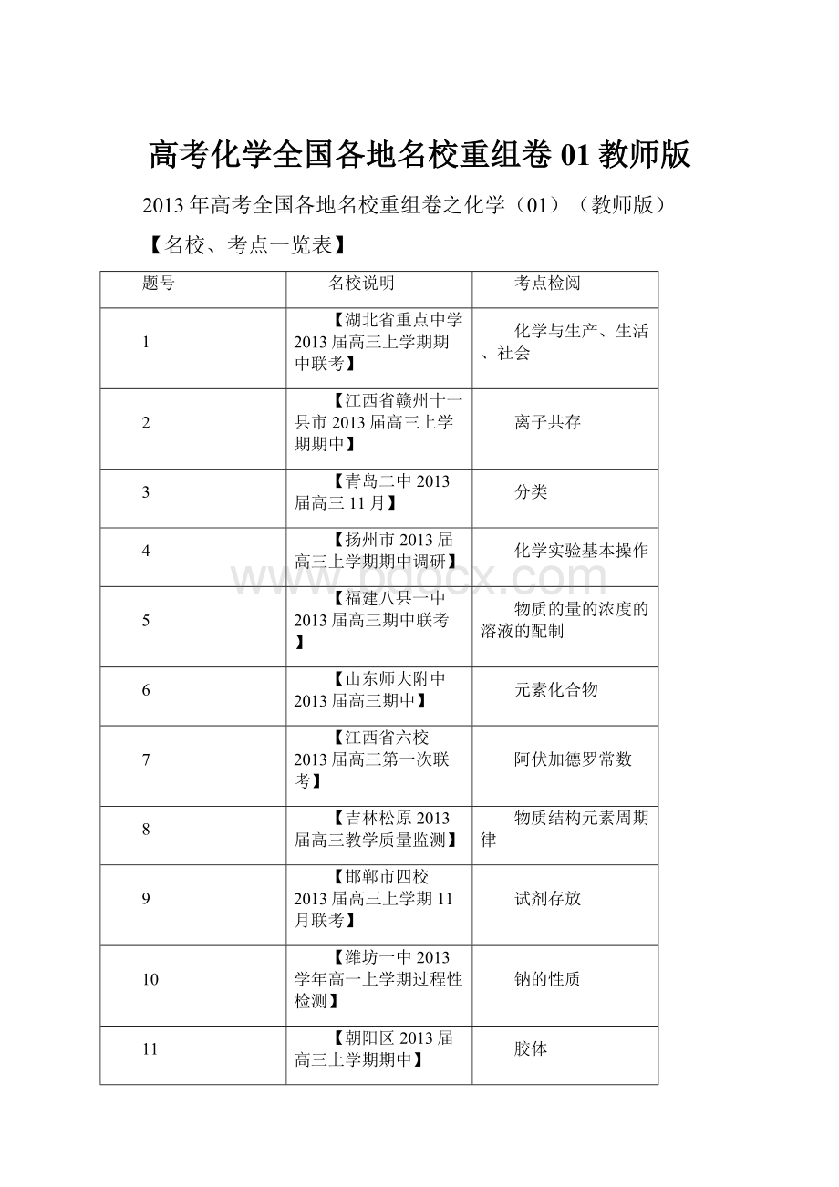 高考化学全国各地名校重组卷01教师版Word文档格式.docx_第1页