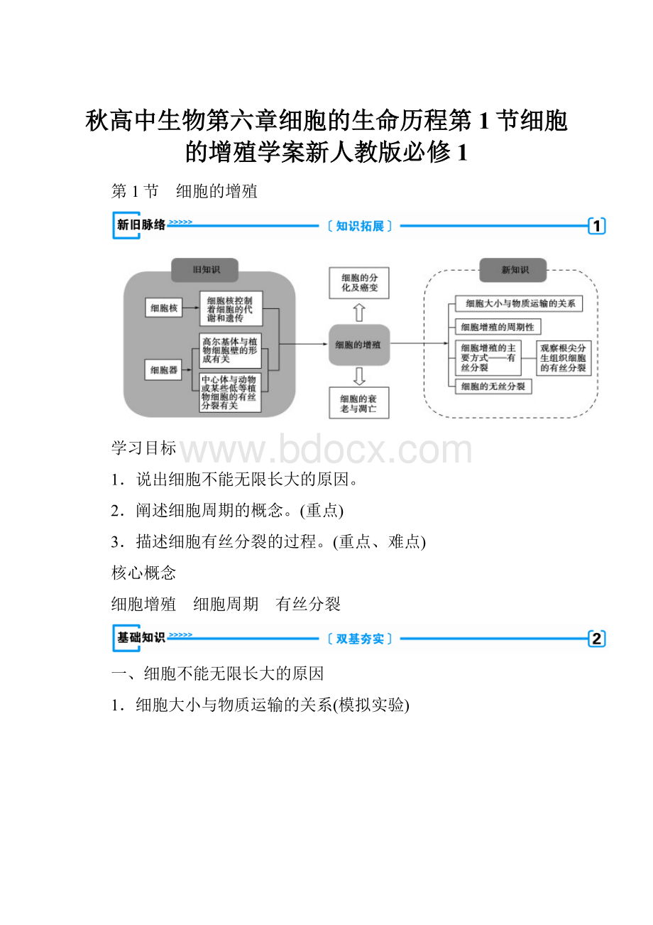 秋高中生物第六章细胞的生命历程第1节细胞的增殖学案新人教版必修1文档格式.docx_第1页