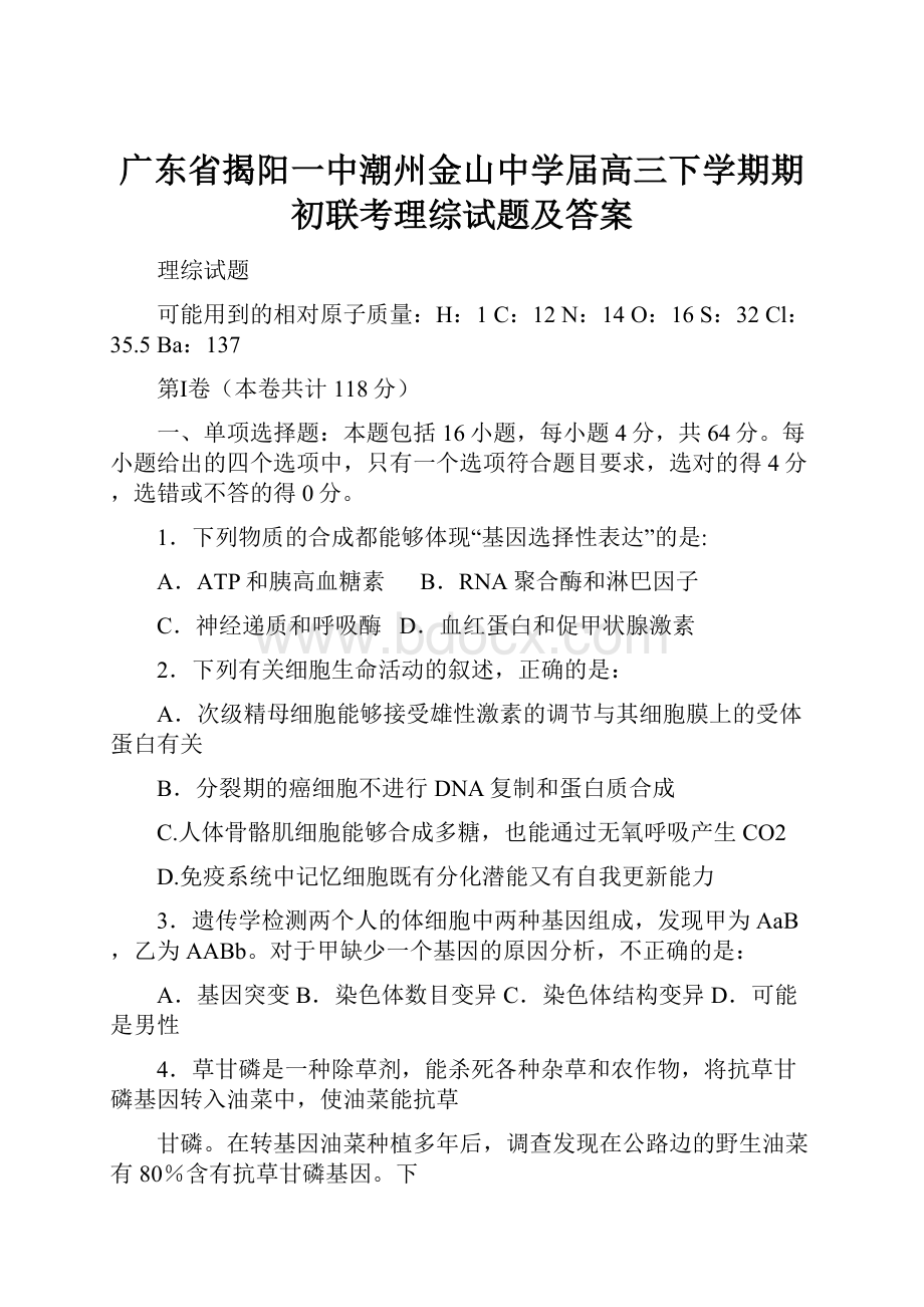 广东省揭阳一中潮州金山中学届高三下学期期初联考理综试题及答案Word文档下载推荐.docx