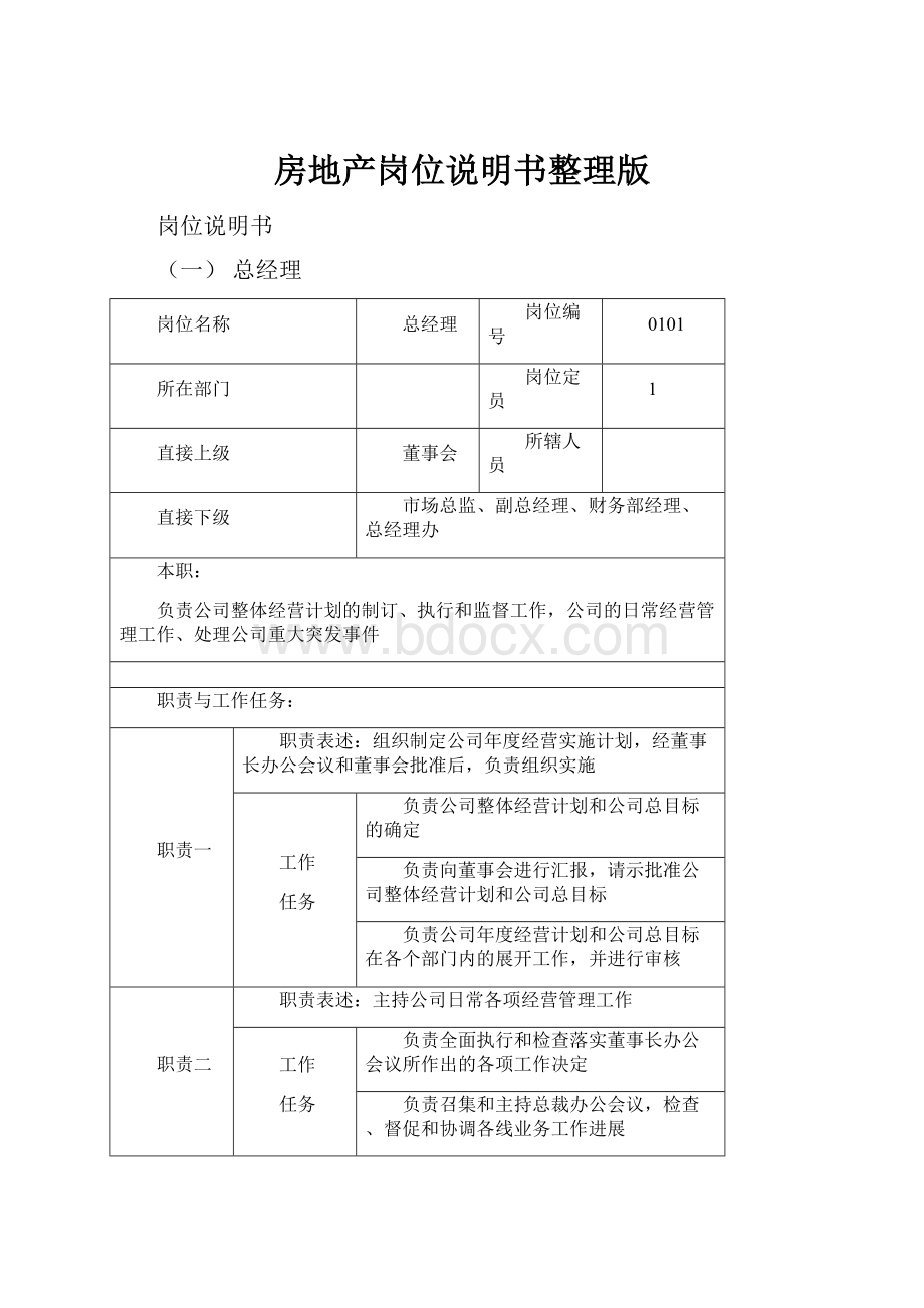 房地产岗位说明书整理版Word文档格式.docx