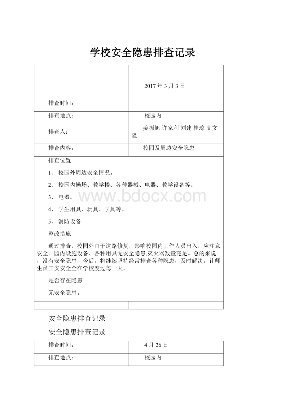 学校安全隐患排查记录.docx_第1页