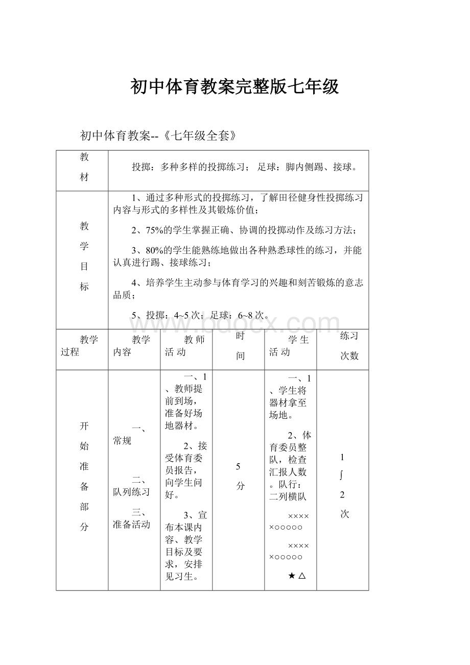 初中体育教案完整版七年级.docx