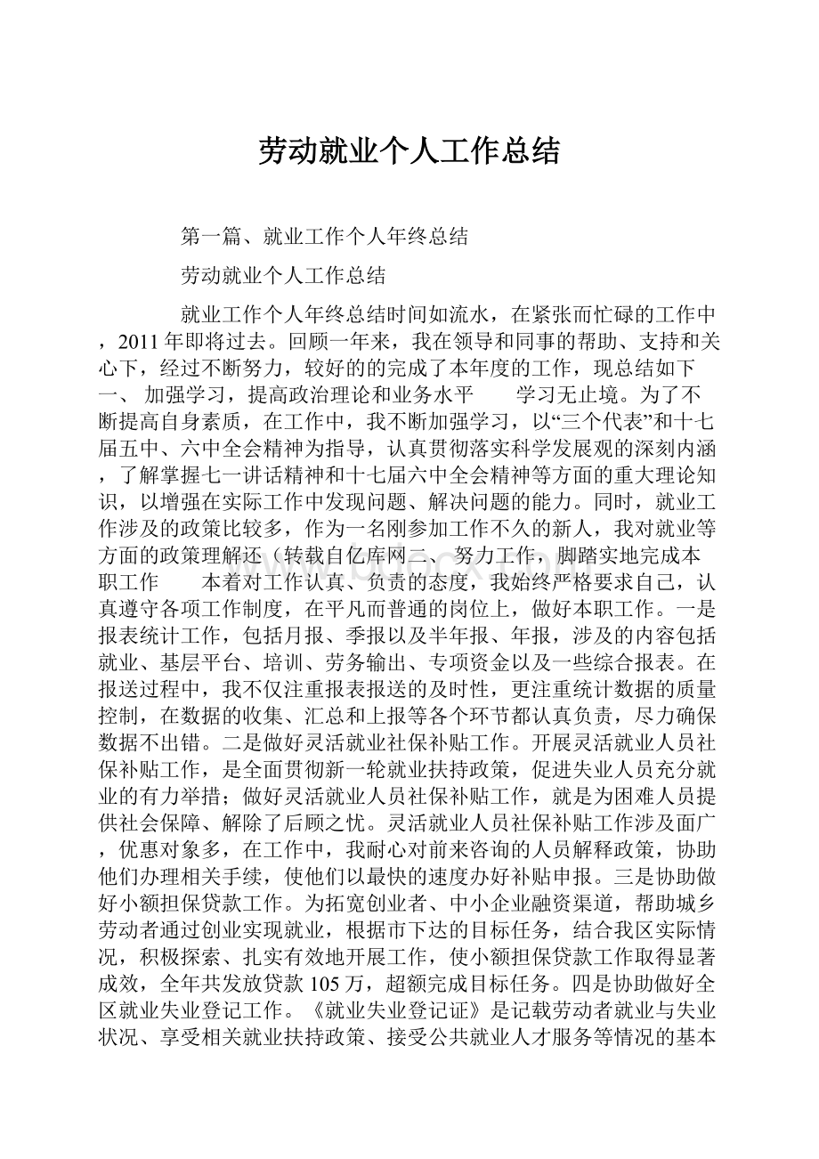 劳动就业个人工作总结文档格式.docx