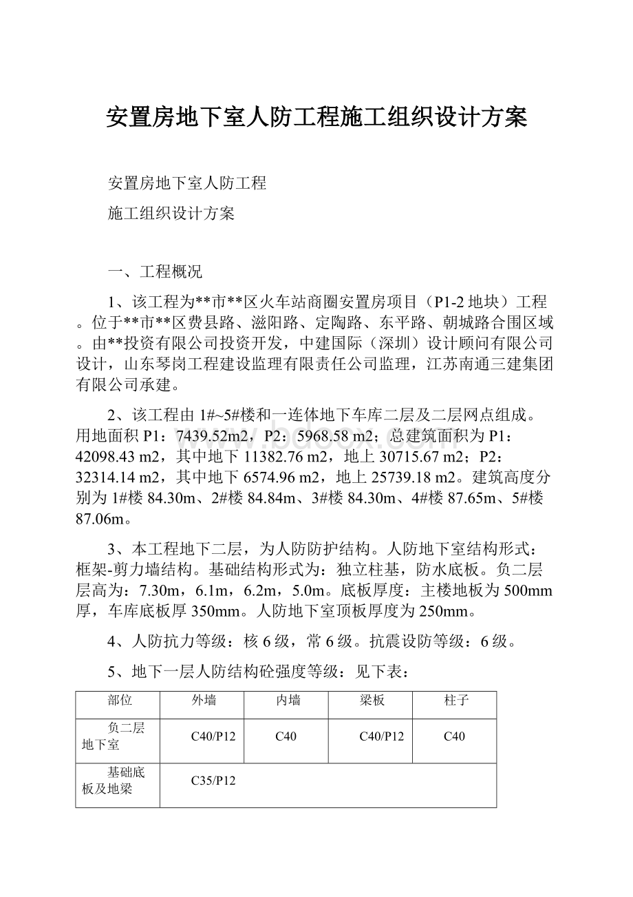 安置房地下室人防工程施工组织设计方案文档格式.docx