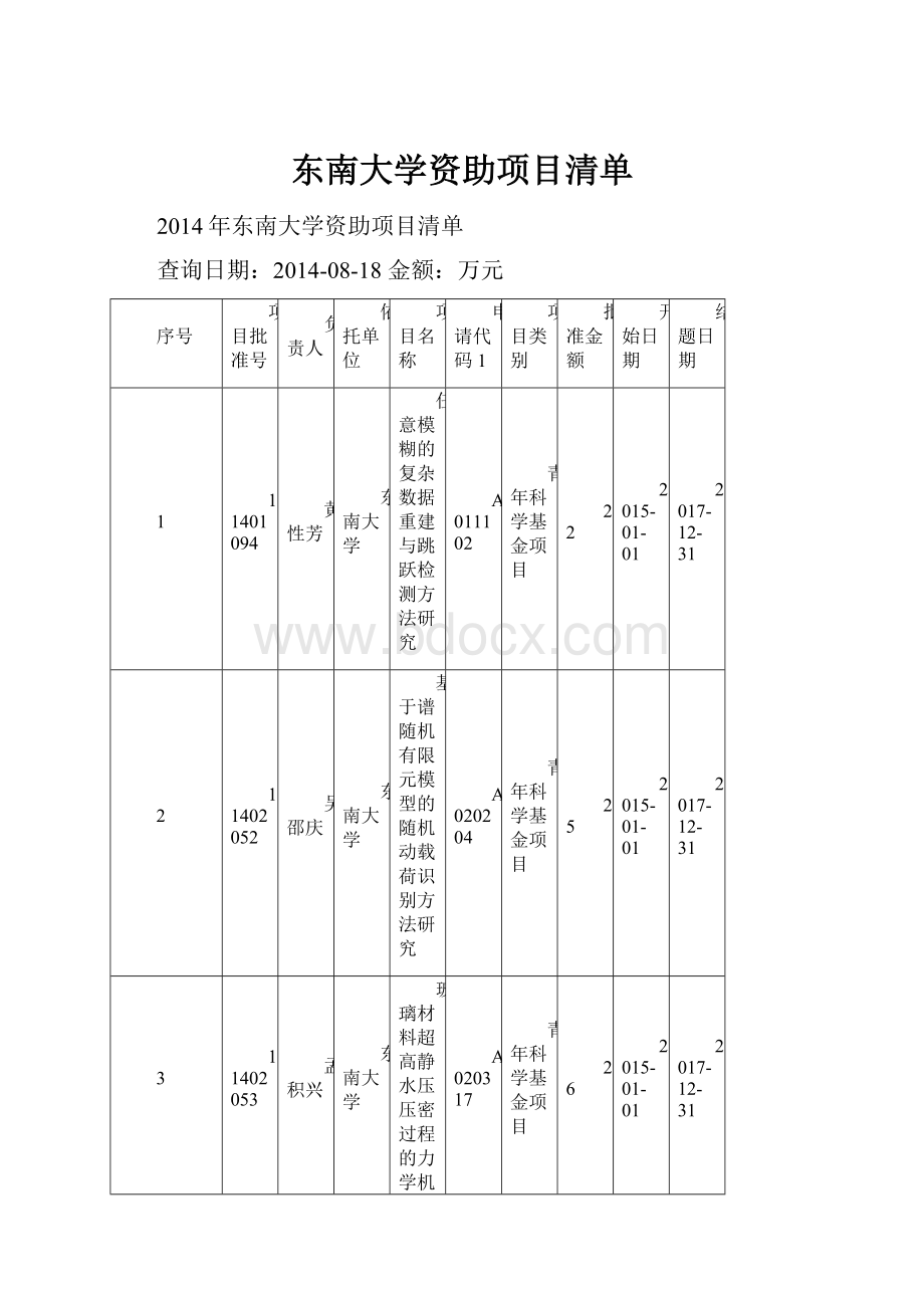 东南大学资助项目清单文档格式.docx