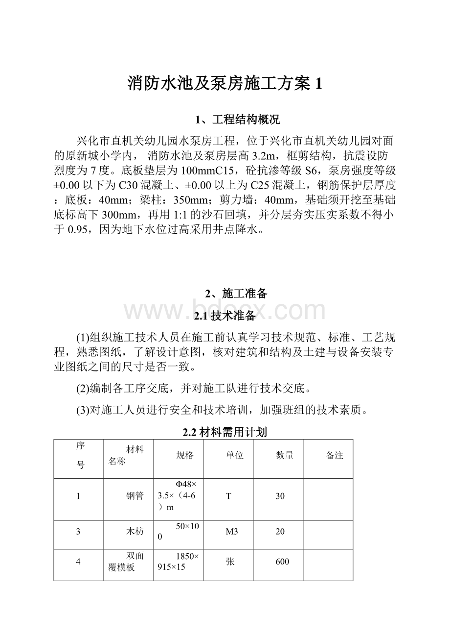 消防水池及泵房施工方案1Word格式.docx