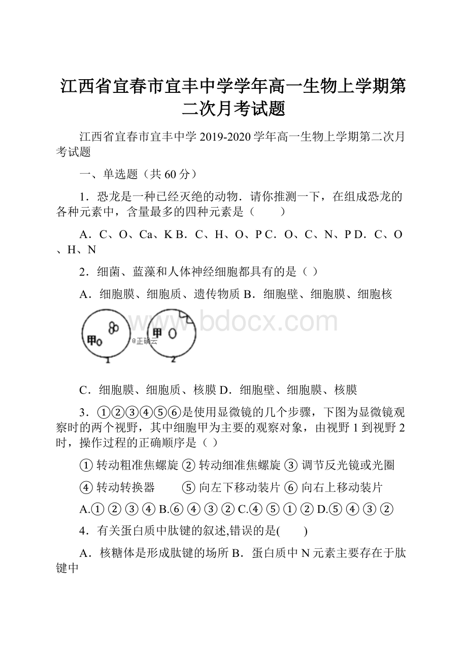 江西省宜春市宜丰中学学年高一生物上学期第二次月考试题文档格式.docx_第1页