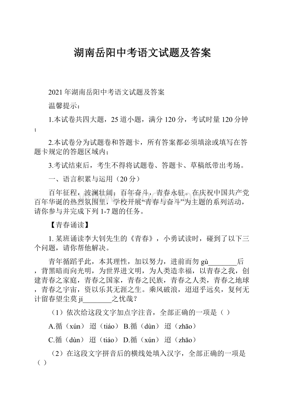 湖南岳阳中考语文试题及答案Word文档格式.docx