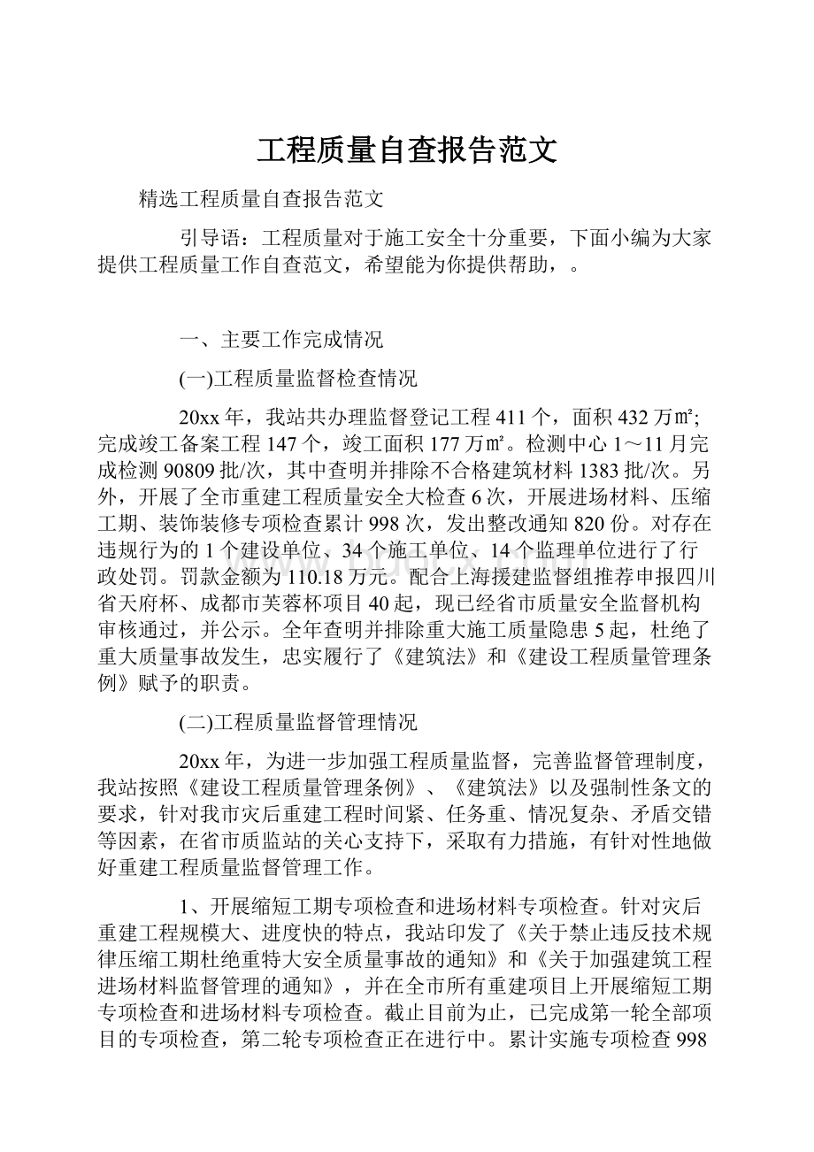 工程质量自查报告范文文档格式.docx