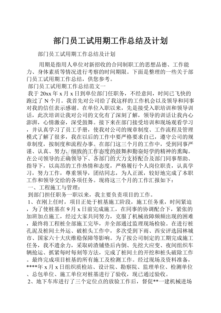 部门员工试用期工作总结及计划Word文件下载.docx_第1页