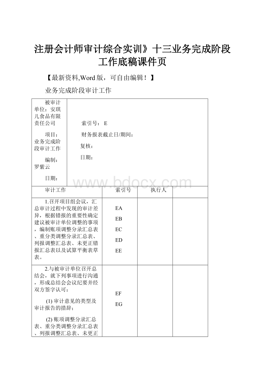 注册会计师审计综合实训》十三业务完成阶段工作底稿课件页Word文件下载.docx_第1页