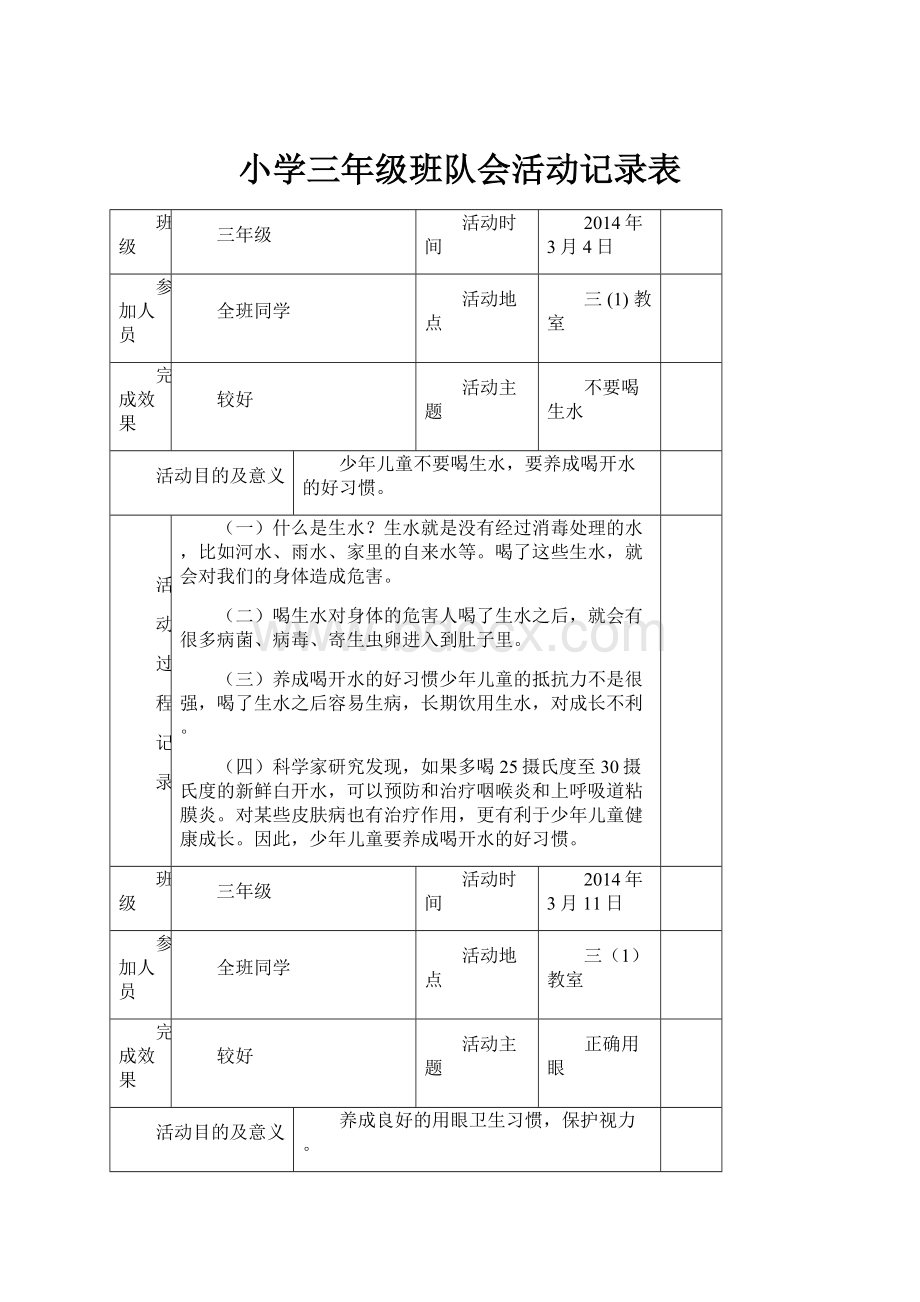 小学三年级班队会活动记录表.docx_第1页