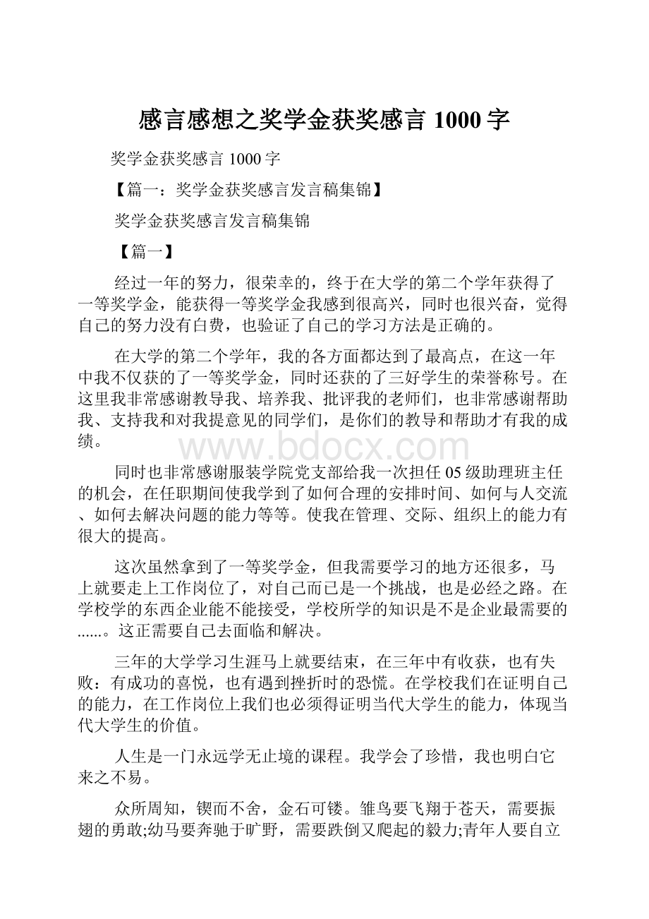 感言感想之奖学金获奖感言1000字.docx