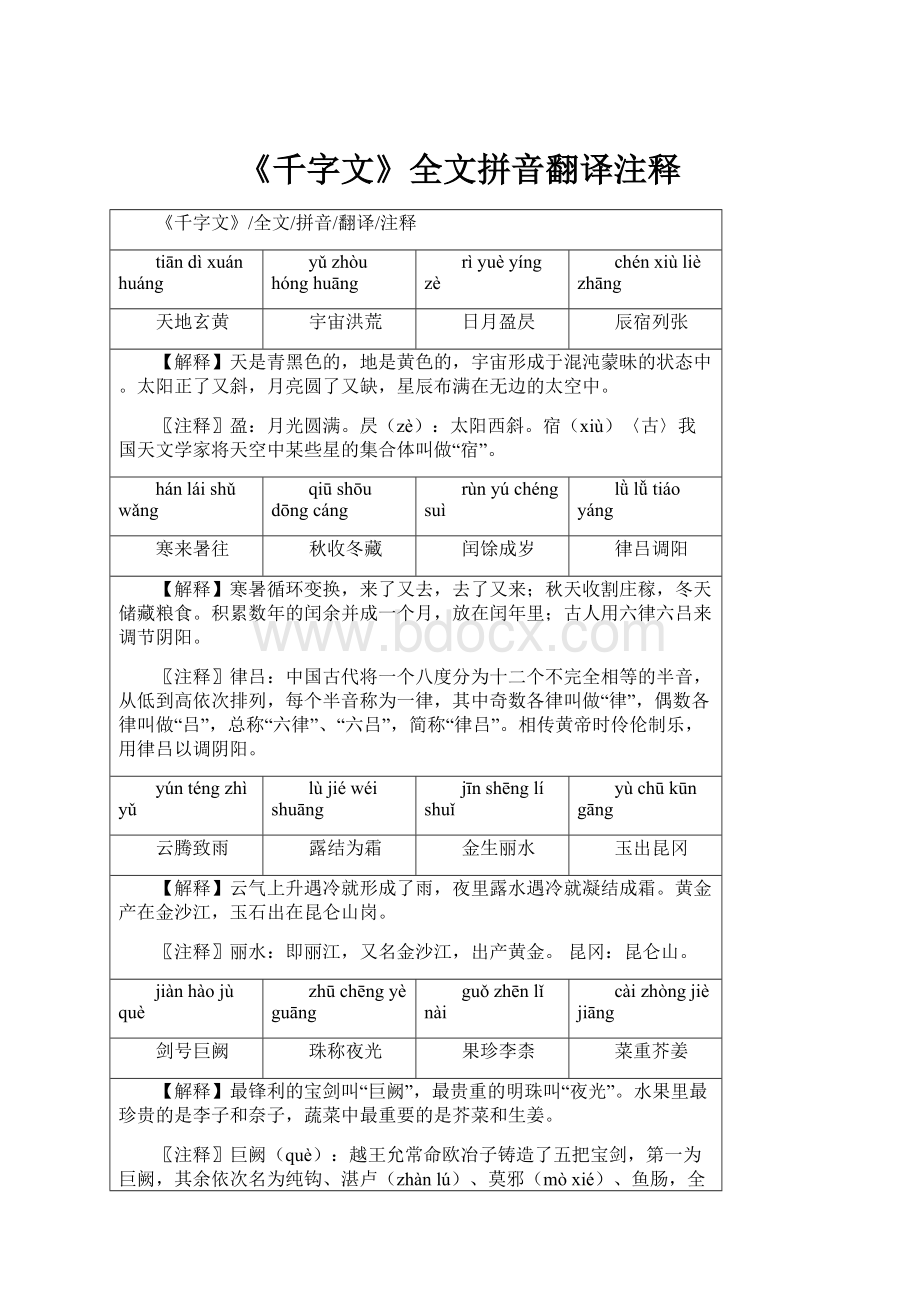 《千字文》全文拼音翻译注释Word格式文档下载.docx