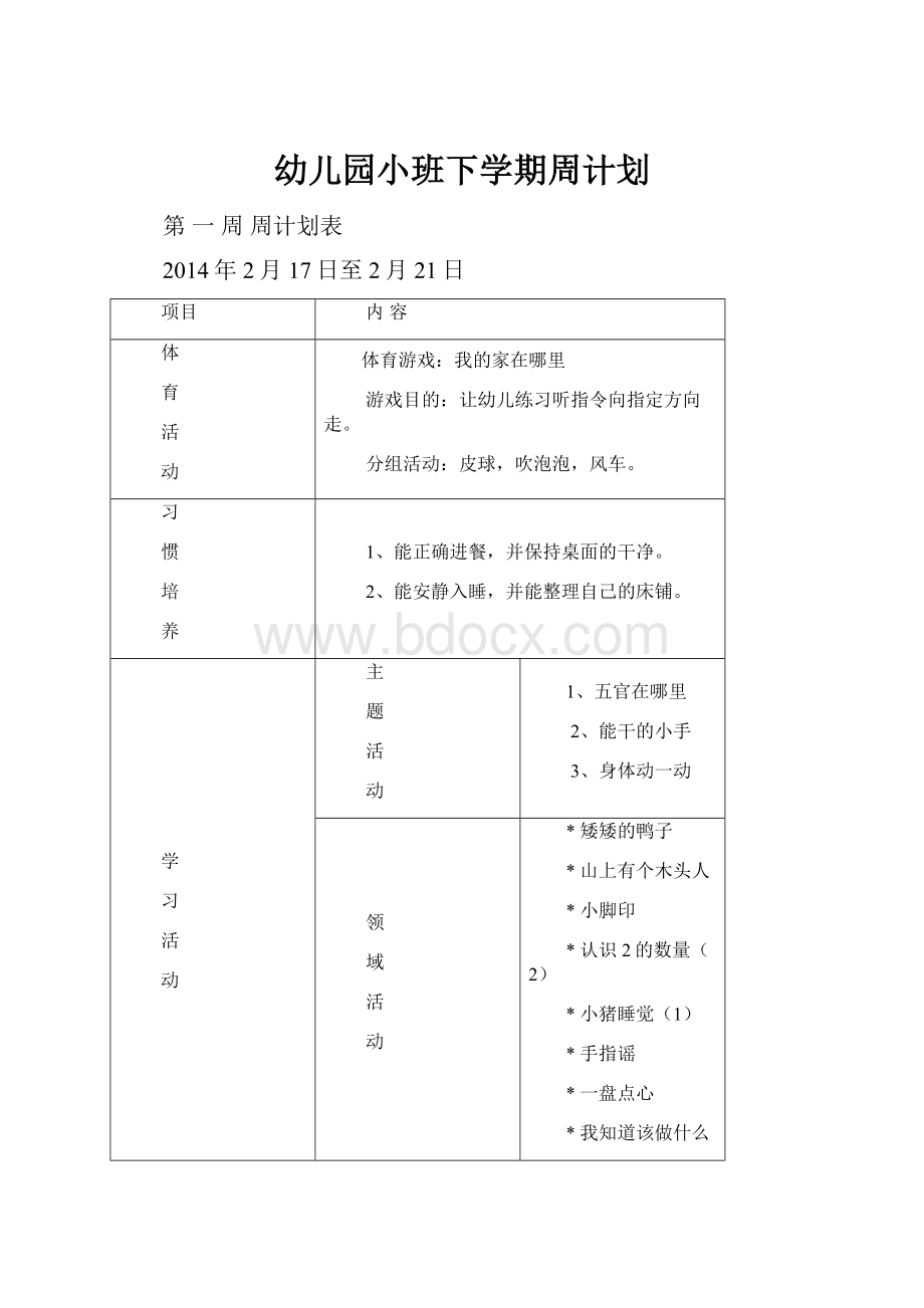 幼儿园小班下学期周计划.docx_第1页