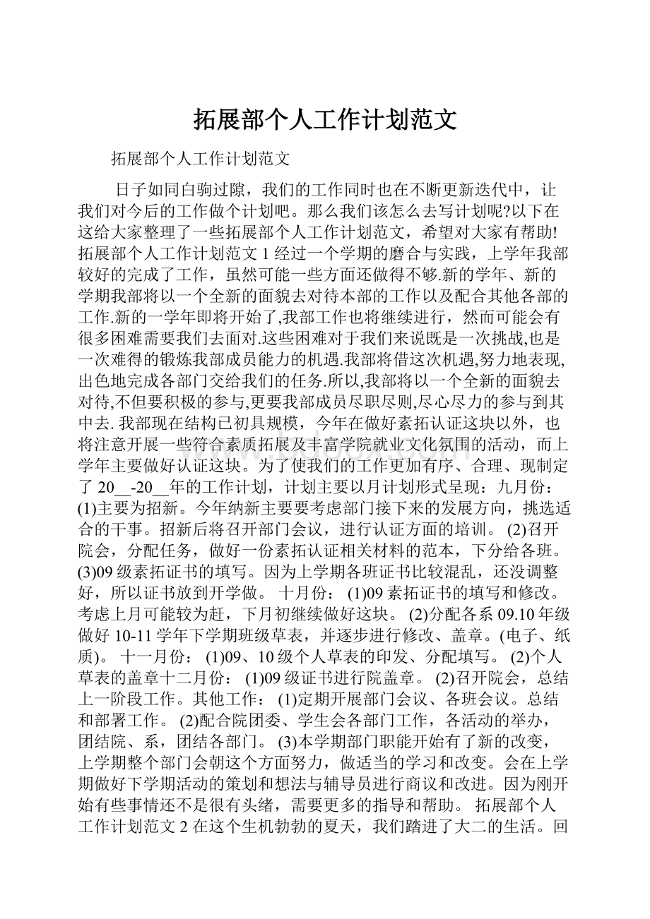 拓展部个人工作计划范文Word格式.docx