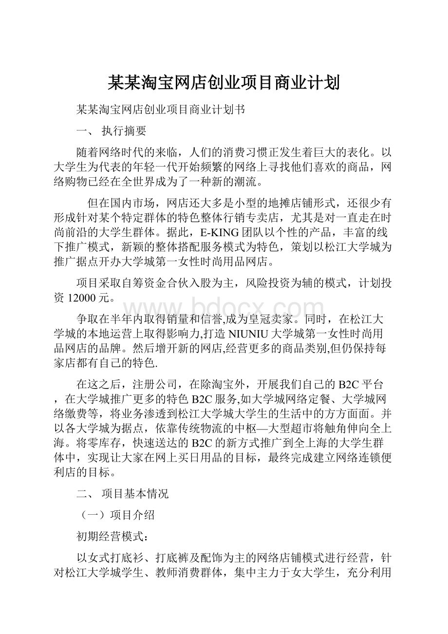 某某淘宝网店创业项目商业计划Word格式文档下载.docx_第1页