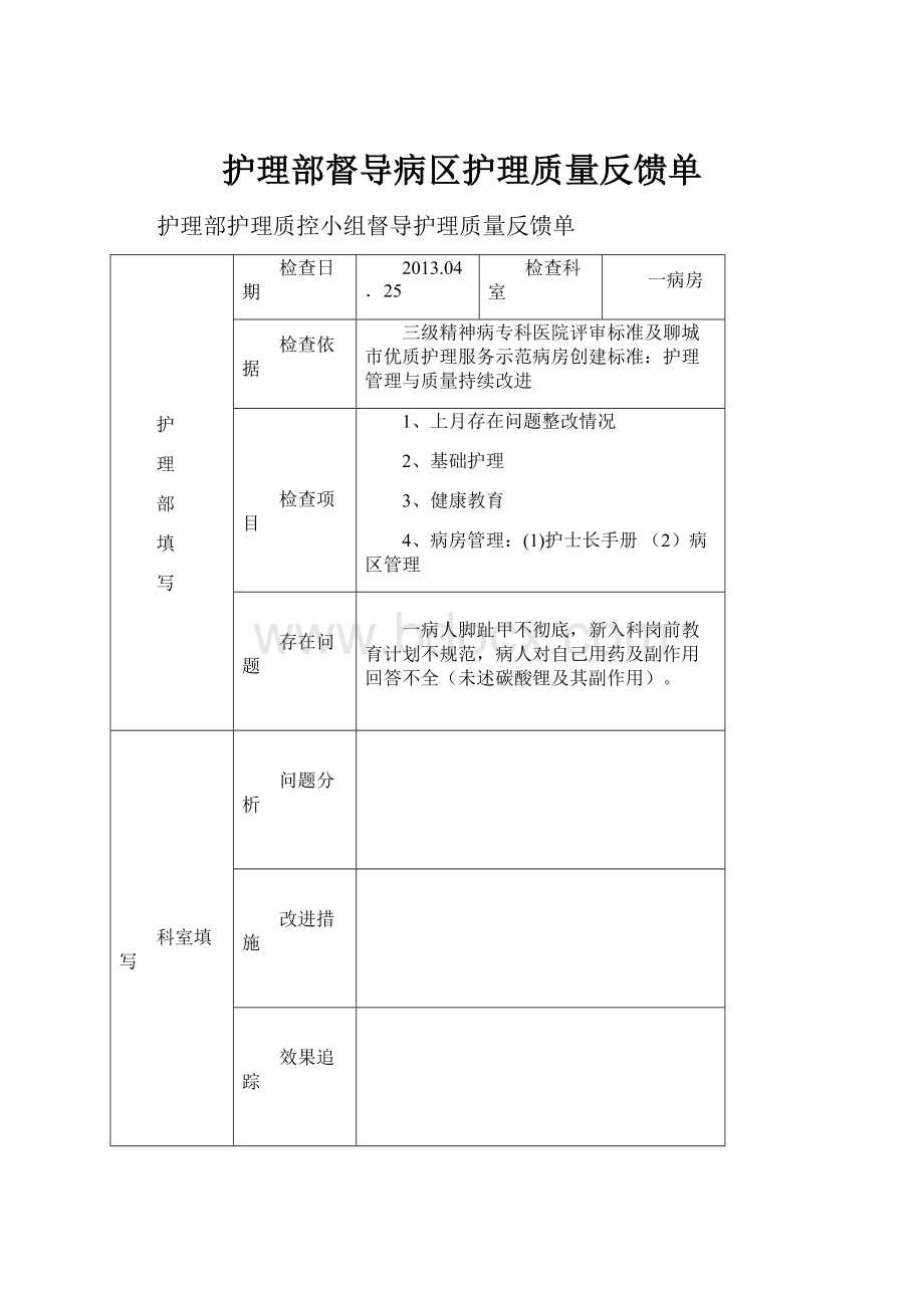 护理部督导病区护理质量反馈单.docx_第1页