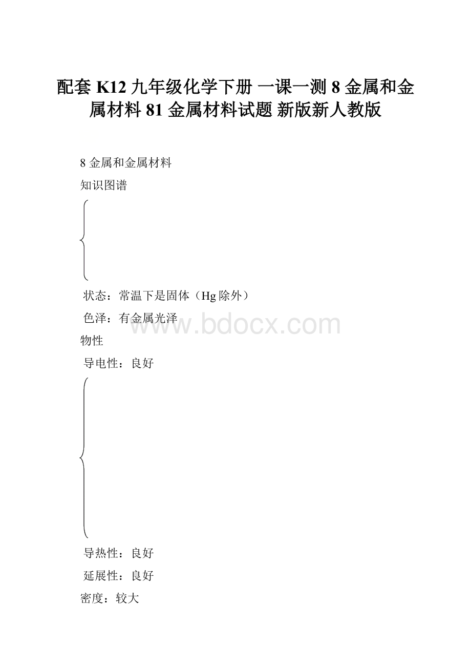 配套K12九年级化学下册 一课一测 8 金属和金属材料 81 金属材料试题 新版新人教版文档格式.docx