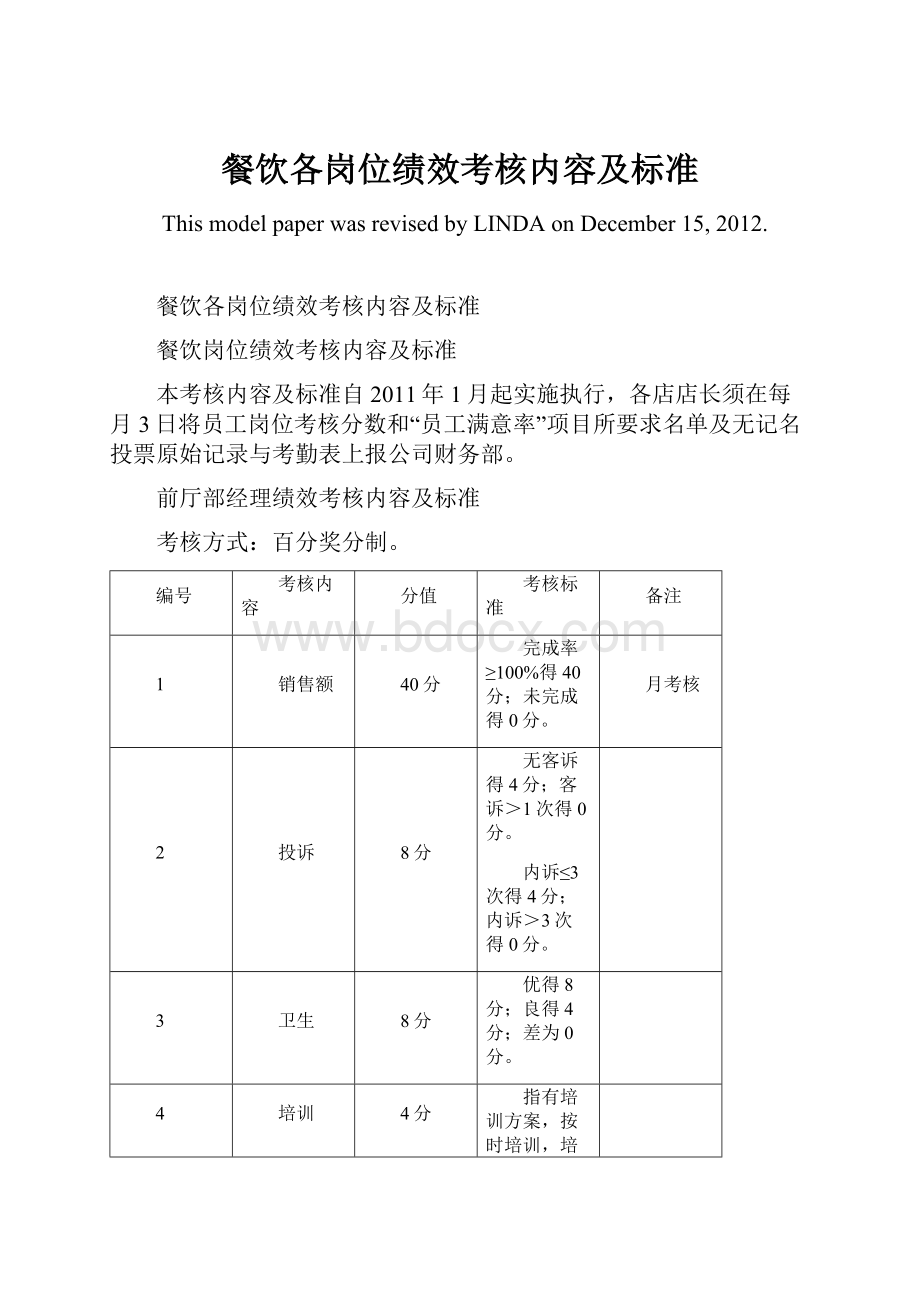 餐饮各岗位绩效考核内容及标准Word文件下载.docx_第1页