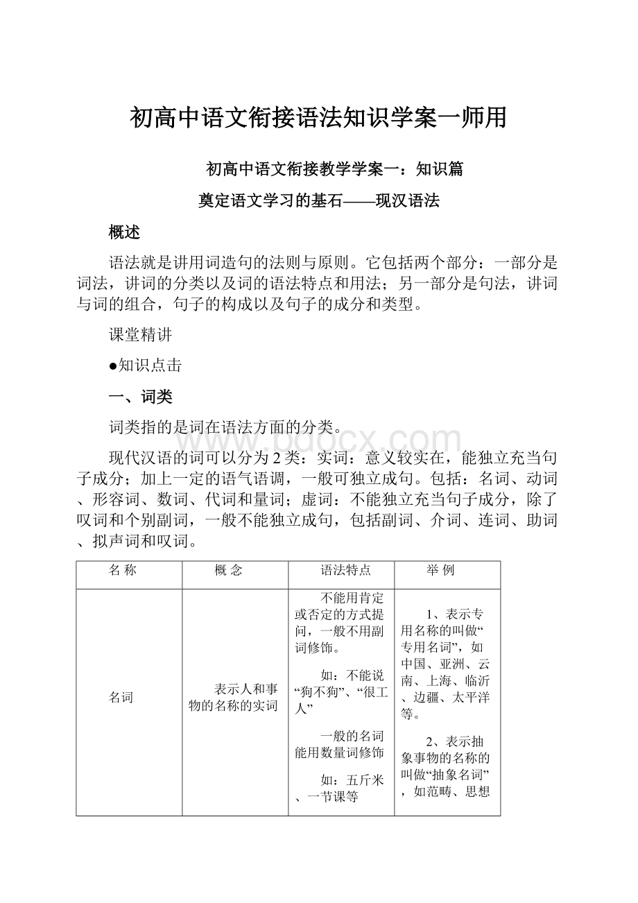 初高中语文衔接语法知识学案一师用.docx