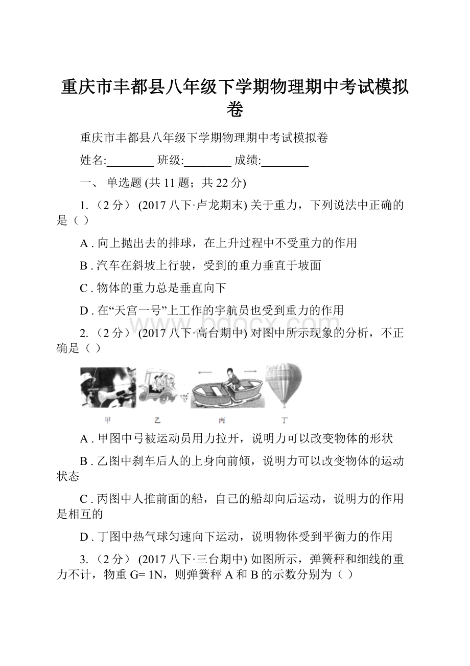 重庆市丰都县八年级下学期物理期中考试模拟卷.docx