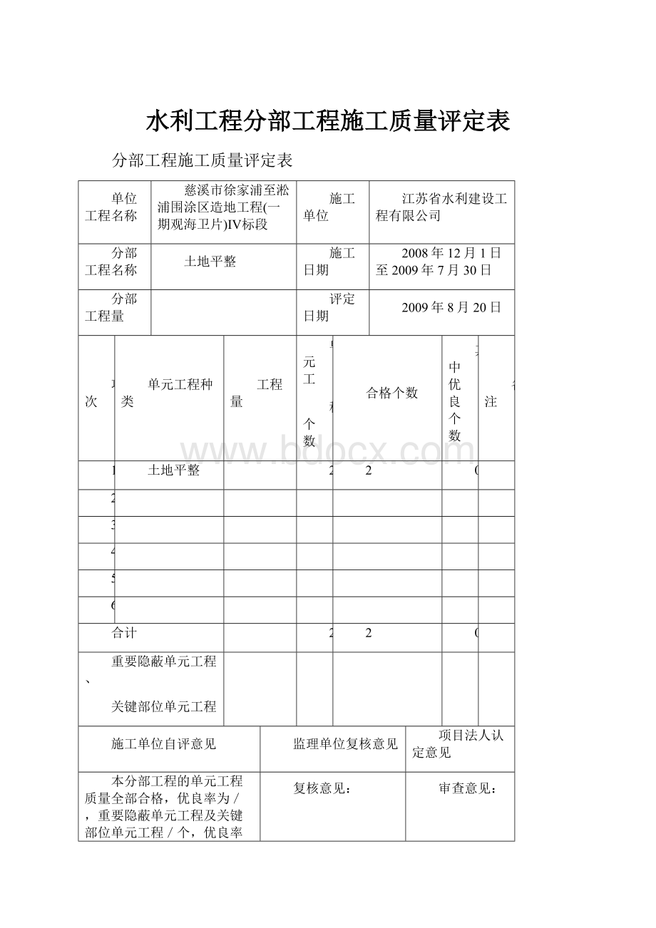 水利工程分部工程施工质量评定表Word下载.docx_第1页