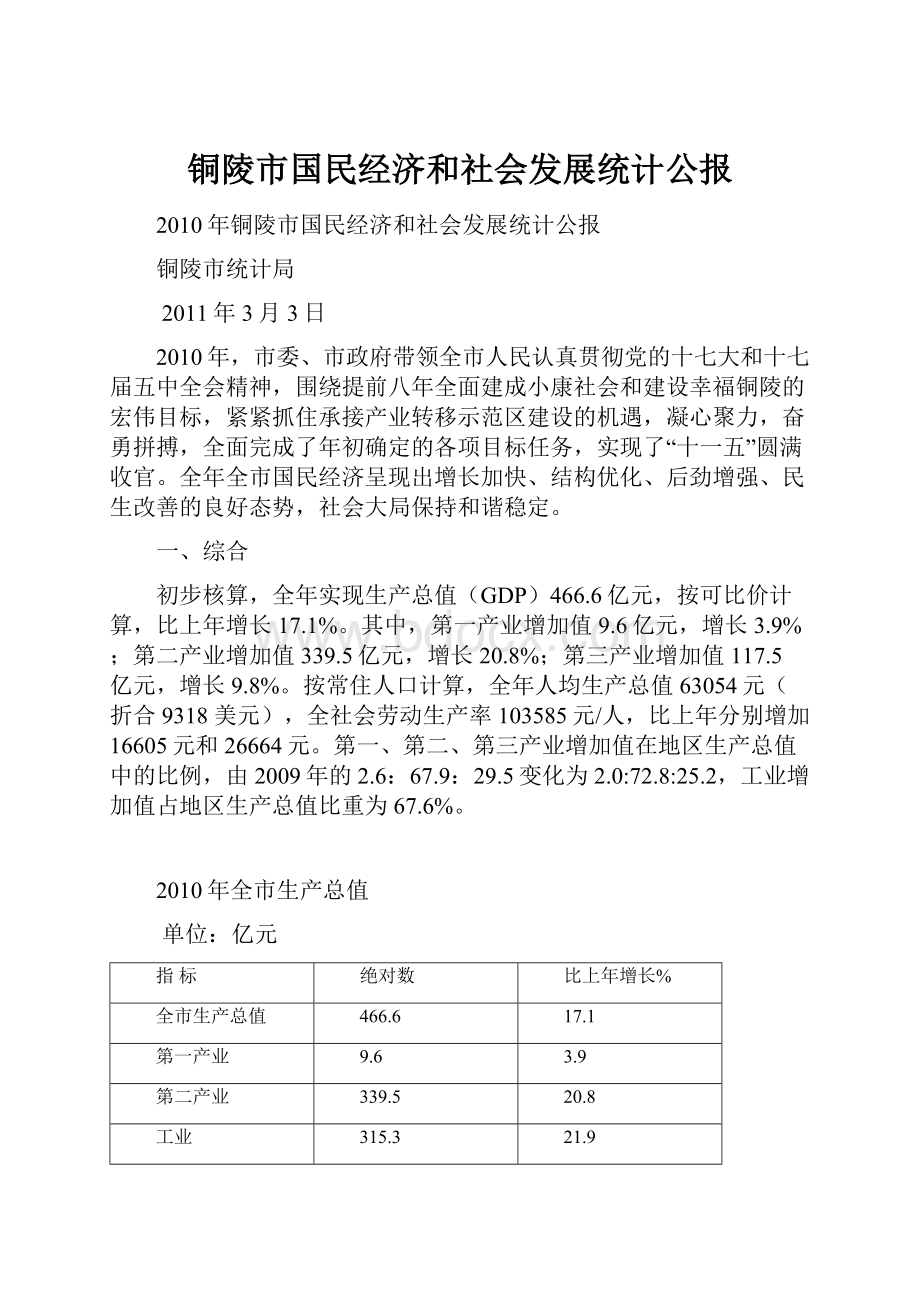 铜陵市国民经济和社会发展统计公报Word格式文档下载.docx