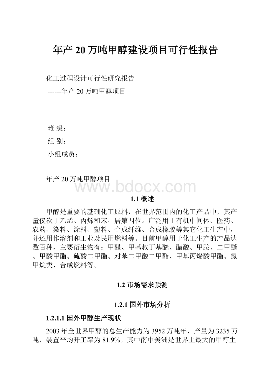 年产20万吨甲醇建设项目可行性报告文档格式.docx_第1页