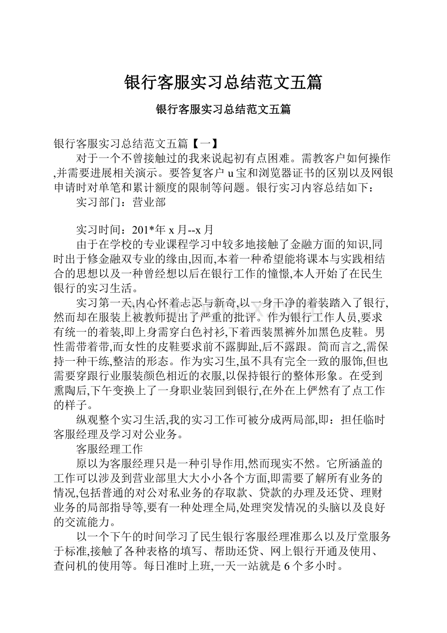 银行客服实习总结范文五篇Word下载.docx