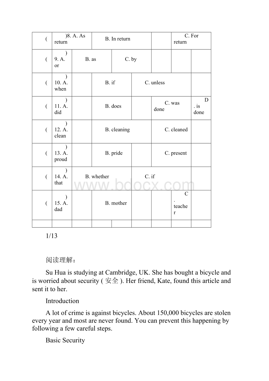 外研版八年级上册英语完形填空与阅读理解练习及标准答案文档格式.docx_第3页