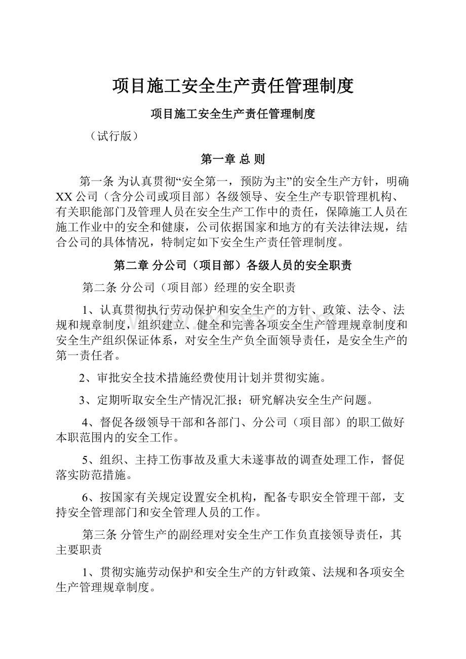 项目施工安全生产责任管理制度.docx_第1页