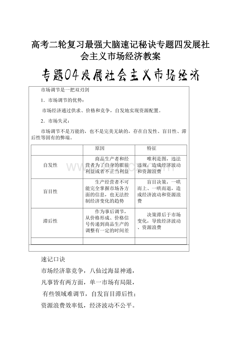 高考二轮复习最强大脑速记秘诀专题四发展社会主义市场经济教案Word文件下载.docx_第1页