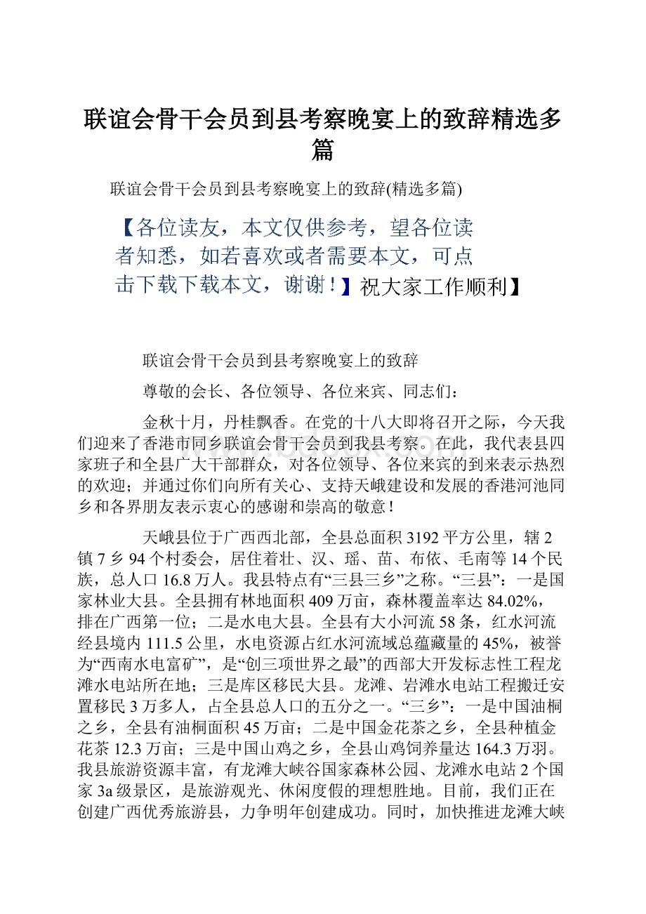 联谊会骨干会员到县考察晚宴上的致辞精选多篇.docx