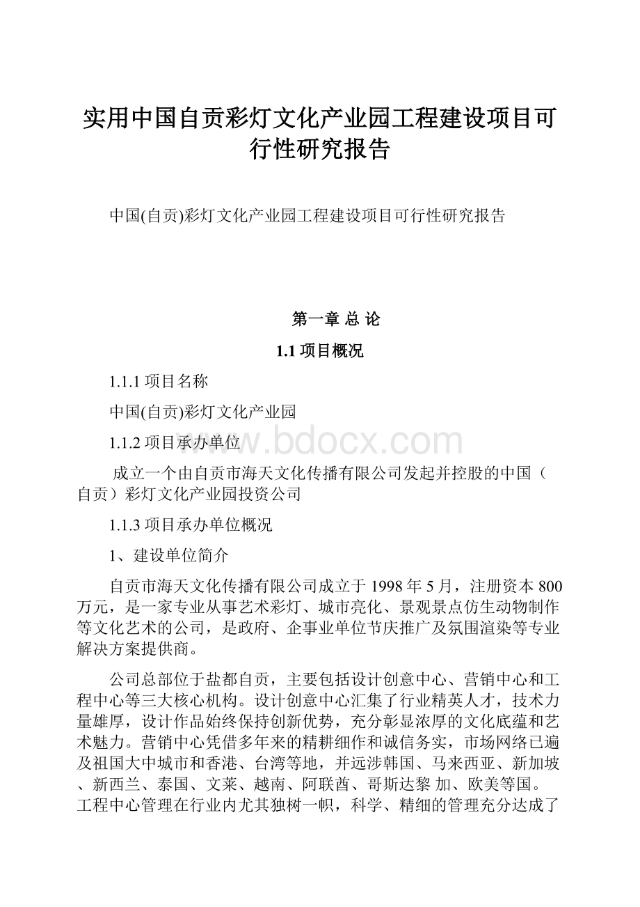 实用中国自贡彩灯文化产业园工程建设项目可行性研究报告Word格式.docx