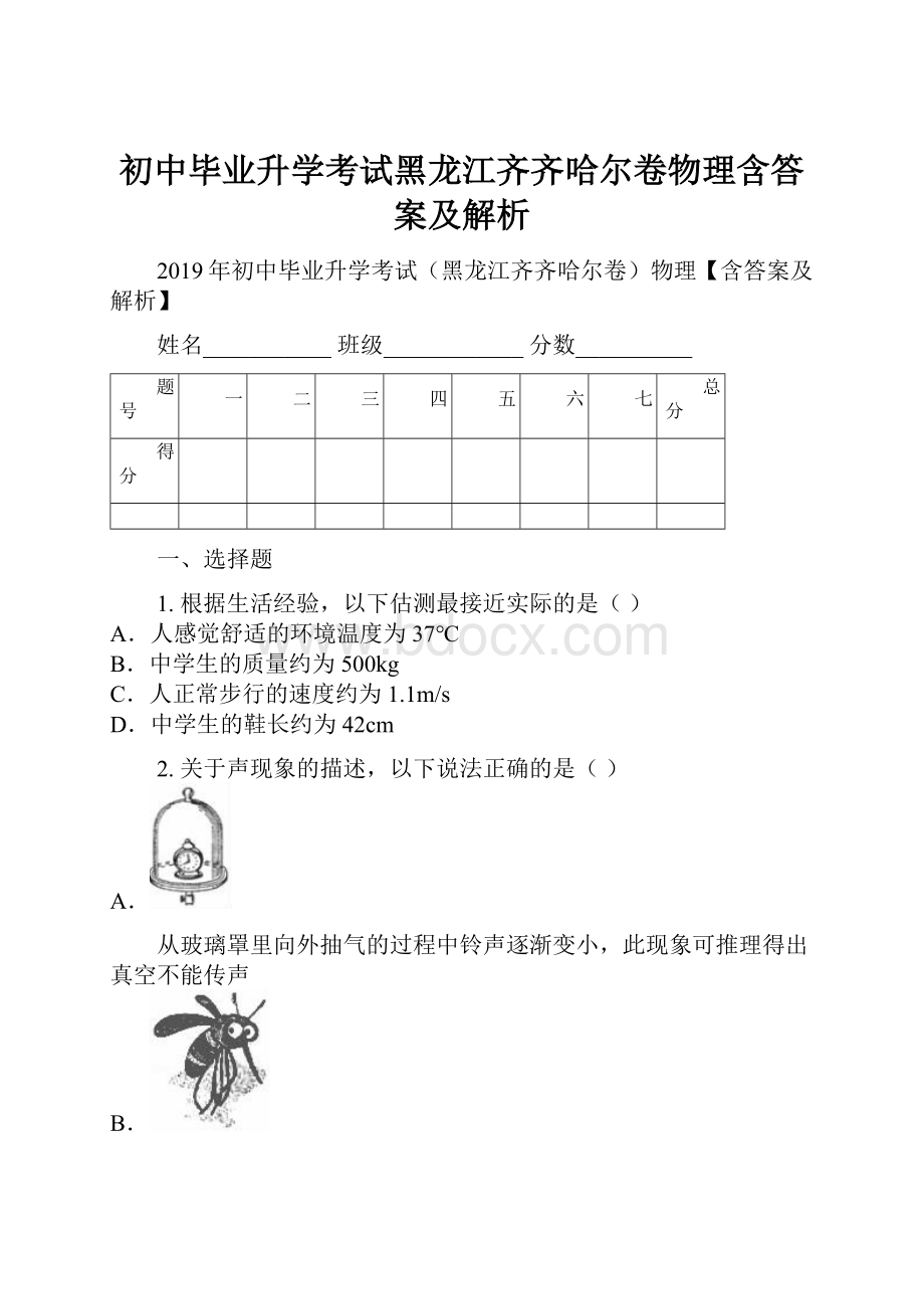 初中毕业升学考试黑龙江齐齐哈尔卷物理含答案及解析.docx_第1页