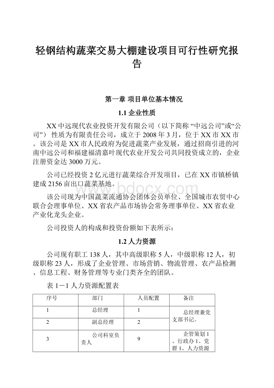 轻钢结构蔬菜交易大棚建设项目可行性研究报告文档格式.docx_第1页